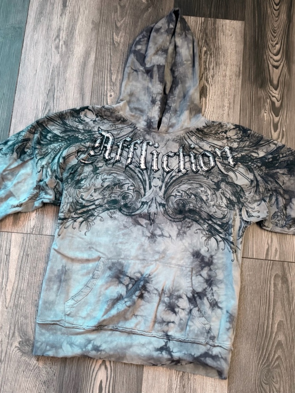 Affliction Women’s Blue, grey and black Tie-Dye Hoodie with Graphic Print